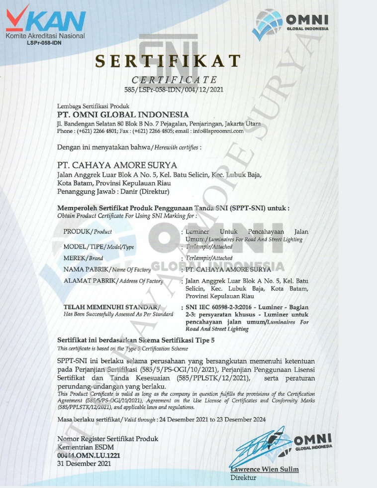 SERTIFIKAT SNI Luminer Lampu PJU page 0001