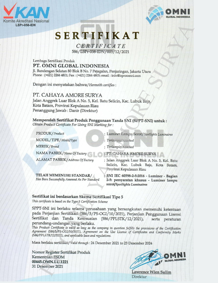 SERTIFIKAT SNI Luminer Lampu Sorot page 0001